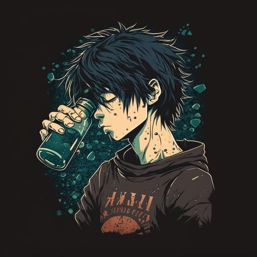 sad and depressed anime character guzzling a bottle of alcohol. Highly definited illustration, to put on a shirt