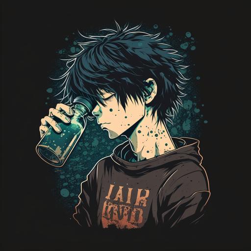 sad and depressed anime character guzzling a bottle of alcohol. Highly definited illustration, to put on a shirt