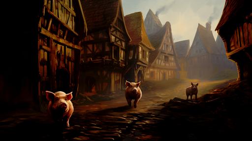 medieval village with pigs playing in the mud of the road, rugh brushwork, --ar 16:9