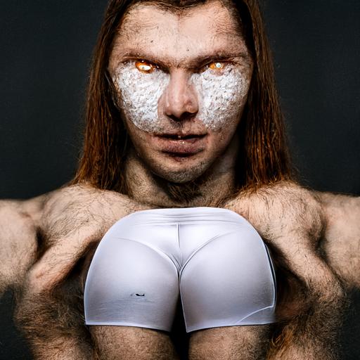 aphex twin face superimposed onto white underwear brief  model body cinematic lighting high detail photo realistic editorial magazine style photoshoot