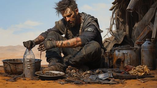 apocalyptic and dramatic action painting of Mad Max eating a can of beans, highly detailed, ultra realistic, airbrush technique, post-apocalyptic, rustpunk, desert, high contrast, muted colors --style raw --ar 16:9 --s 250