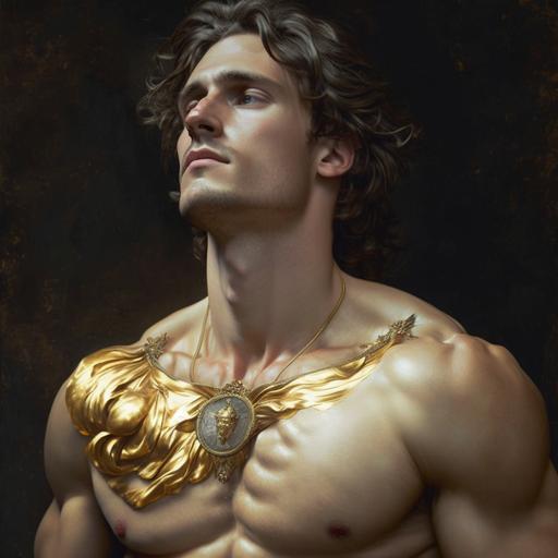 apollon laying golden necklace on his chest