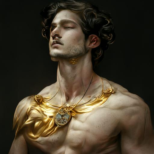 apollon laying golden necklace on his chest