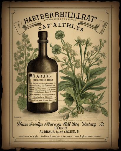 apothecary label:: from 19th century, herbal tincture, well designed label has a floral flourish at the bottom and a banner in the middle, in the top part of the label is a detailed illustration of an herb that has a slight green color, remove any bottles or unnecessary marks --c 2 --ar 4:5 --v 5