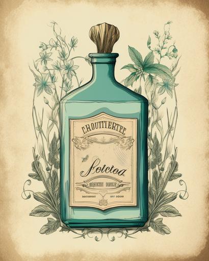 apothecary label from 19th century, herbal tincture, label has a floral flourish at the bottom and a banner in the middle, in the top part of the label is an illustration of an herb that has a slight green golor --c 2 --ar 4:5 --v 5