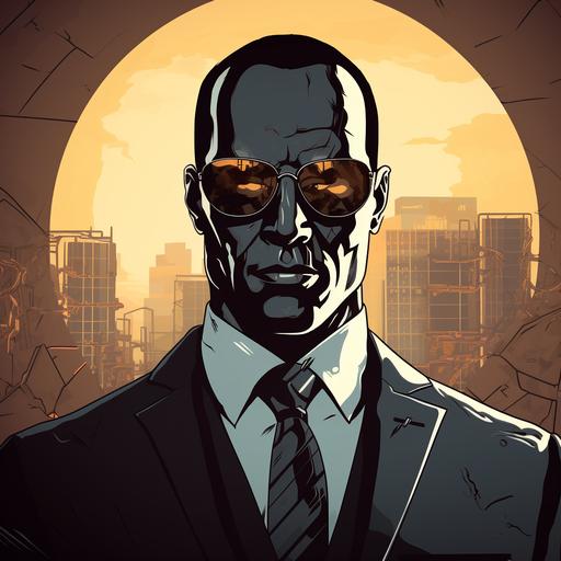 app icon: agent smith as a robot, iron face, looking for a job. SamJi drawing style