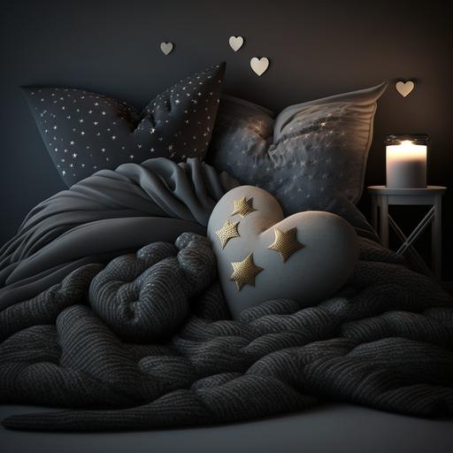 a dreamy aesthetic dark room lit with sparkles and stars and decorative heart pillows with cosy soft blankets