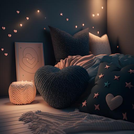 a dreamy aesthetic dark room lit with sparkles and stars and decorative heart pillows with cosy soft blankets, can see the whole room, some space inspired decor, full view of the room, ultra fine detailed 8K render