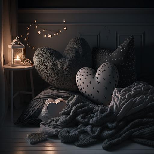 a dreamy aesthetic dark room lit with sparkles and stars and decorative heart pillows with cosy soft blankets, can see the whole room, some space inspired decor