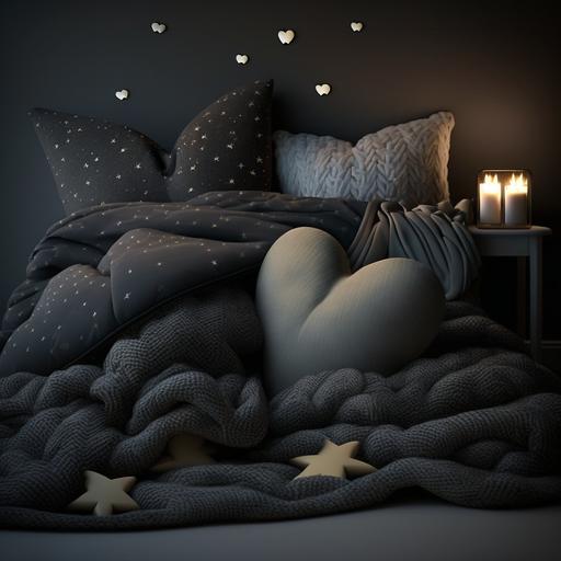 a dreamy aesthetic dark room lit with sparkles and stars and decorative heart pillows with cosy soft blankets