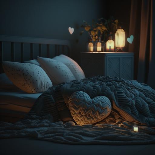 aesthetic dreamy dark bedroom lit up with aesthetic heart lights with cosy soft blanket and heart pillows 4k ultra realistic detailed