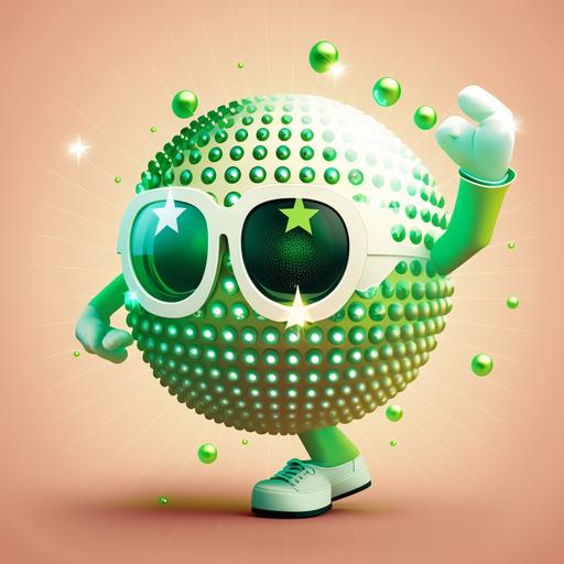 appy dancing cartoon disco ball, with sunglasses on, pastel colours, stars in background, light green block colour background, logo