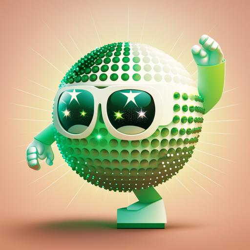appy dancing cartoon disco ball, with sunglasses on, pastel colours, stars in background, light green block colour background, logo