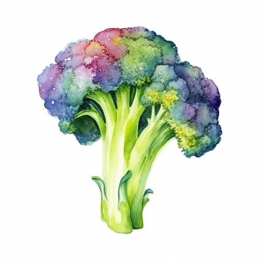 aquarelle style single brocoli just harvested, gardenning style, little vitage tones, vivid colors, on white background, vintage style, high quality