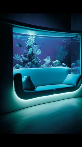 aquarium couch in ultramodern home, space squid colorful fish, home decor magazine photo --ar 9:16 --v 5 --q 2 --c 5