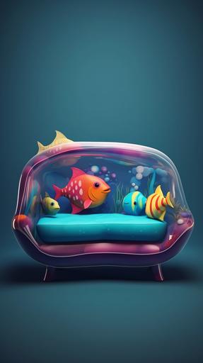 aquarium in the shape of a couch, space squid colorful fish, home decor magazine photo --ar 9:16 --v 5 --q 2