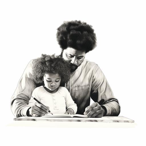 ar 3:4 an black ink drawing of a black man with an afro teach his 3 year old daugher how to draw. White background. Year 1980.