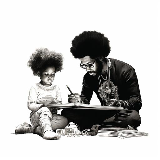 ar 3:4 an black ink drawing of a black man with an afro teach his 3 year old daugher how to draw. White background. Year 1980.