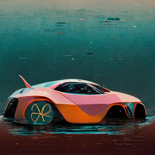 ar from the future, modern unusual sports car with stickers, rendering, surrealism, water nymphs, 7 planets, 8k -