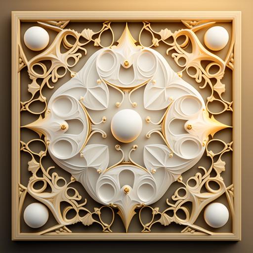 arabesque white wooden carved pattern with golden pearls, golden framed --q 2 --v 4