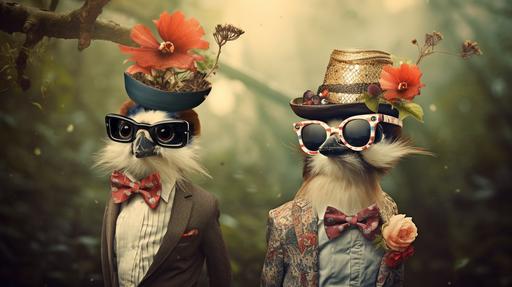 arboreal bird lifeforms with funny hats, french mustaches and sunglasses, in the style of trash polka, dreamlike, flowing fabrics, experimental minimalistic photography, Billy Butcher, :wundervoll-ai:0, --ar 16:9