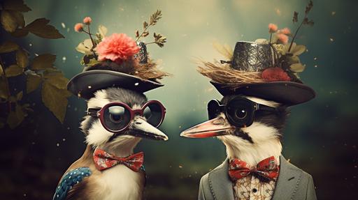 arboreal bird lifeforms with funny hats, french mustaches and sunglasses, in the style of trash polka, dreamlike, flowing fabrics, experimental minimalistic photography, Billy Butcher, :wundervoll-ai:0, --ar 16:9