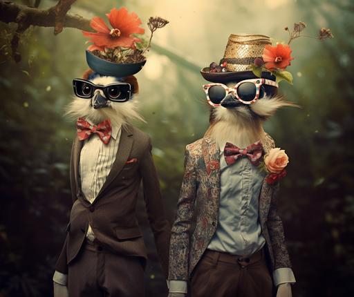 arboreal bird lifeforms with funny hats, french mustaches and sunglasses, in the style of trash polka, dreamlike, flowing fabrics, experimental minimalistic photography, Billy Butcher, :wundervoll-ai:0,