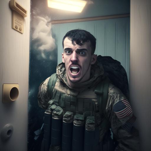 an angry soldier in a small room punching a tall locker, family pictures taped to wall, american flag on wall, white walls, surreal, ethereal, dreamlike, moody, sad, 4k resolution, highly detailed
