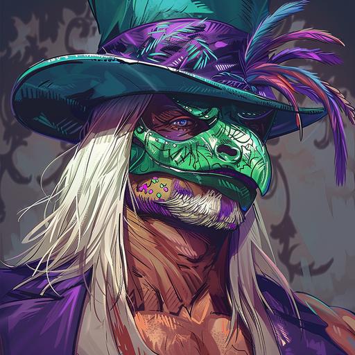 archaeopteryx Create a portrait of a muscular professional wrestler with long white hair that wears a green and purple Jason mask with a matching top hat in the art style of comic book artist in Frank Millar with a stylized background.