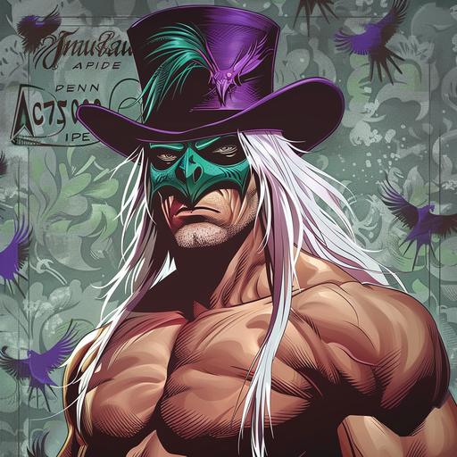 archaeopteryx Create a portrait of a muscular professional wrestler with long white hair that wears a green and purple Jason mask with a matching top hat in the art style of comic book artist in Frank Millar with a stylized background.
