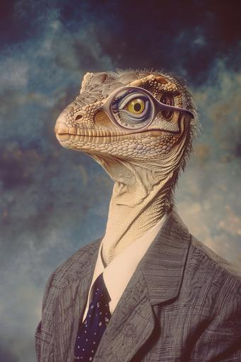 archaeopteryx in a suit looking very smart, professional business head photograph with faux cloud backdrop, 1980s style with glamour-glow --ar 2:3 --style raw --s 50 --v 6.0