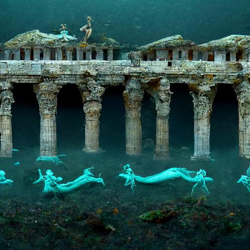 roman city under the ocean with mermaids dancing with fiah 3d