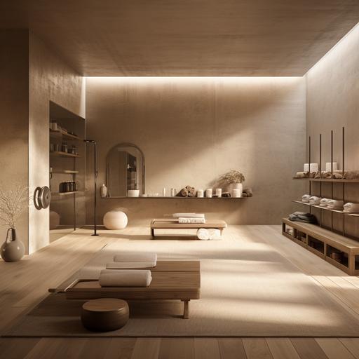 architectural image of a luxury private indoor gym with spa and sauna in the basement of the building, plastered walls rich texture, soft light, sand tones palette, 16:9, 8k, v5.1 --s 100