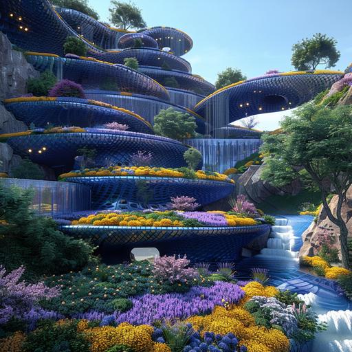 architectural rendering of a futuristic perforated steel blue chrome parametric temple aztec nepenthes style, lavender and yellow flower beds around the perimeter of each level, waterfalls, lots of vegetation, bright deep blue skies