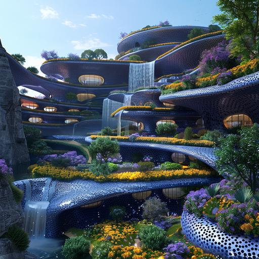 architectural rendering of a futuristic perforated steel blue chrome parametric temple aztec nepenthes style, lavender and yellow flower beds around the perimeter of each level, waterfalls, lots of vegetation, bright deep blue skies