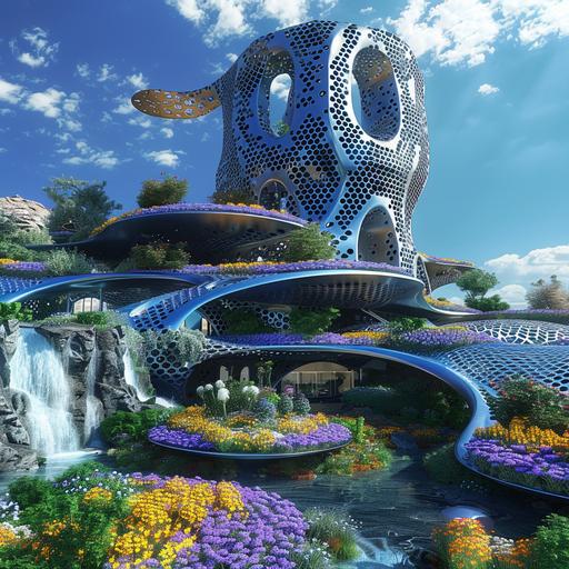 architectural rendering of a futuristic perforated steel blue chrome parametric temple aztec nepenthes style, lavender and yellow flower beds around the perimeter of each level, waterfalls, lots of vegetation bright deep blue skies