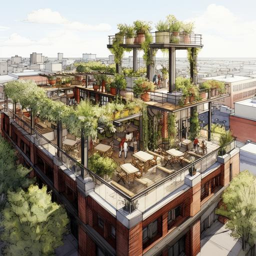 architectural rendering of a rooftop garden addition to an old factory building. architectural preservation drawing. historical