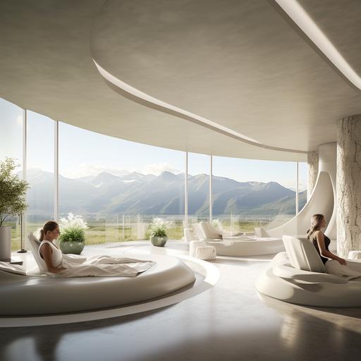 architectural rendering, spa with mountain view, people getting massages, white room