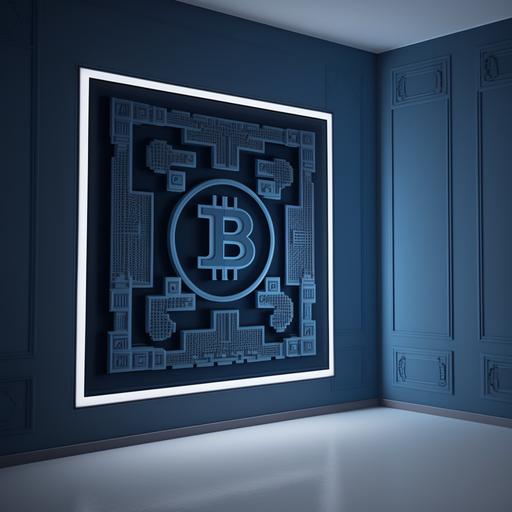 architecture ,wall design, modern, cryptographic, museum, vr game, bitcoin logo Cnc, crypto pank, have different size of rectangle, wall is dark blue , art is bright