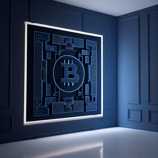 architecture ,wall design, modern, cryptographic, museum, vr game, bitcoin logo Cnc, crypto pank, have different size of rectangle, wall is dark blue , art is bright