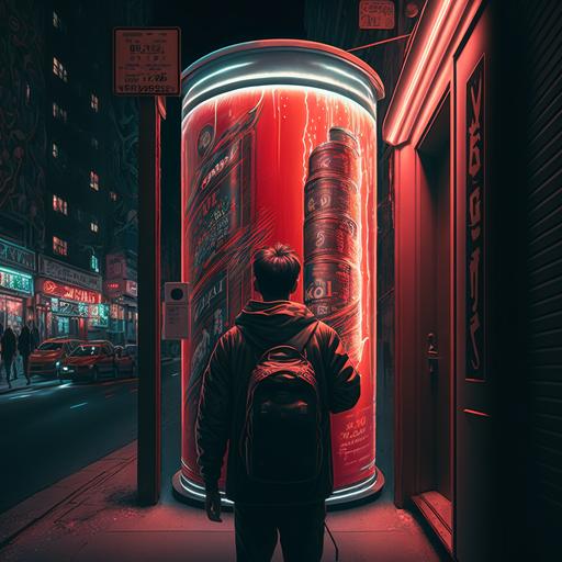 a confident looking artist staring up at huge giant budweiser beer can in the streets of tokyo, glowing door, night life, neon red, cinematic