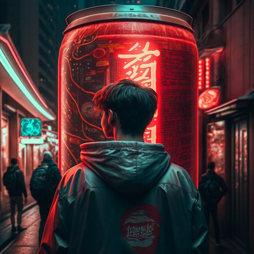 a confident looking artist staring up at huge giant budweiser beer can in the streets of tokyo, night life, neon red, cinematic