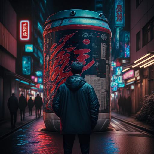 a confident looking artist staring up at huge giant budweiser beer can in the streets of tokyo, night life, neon red, cinematic
