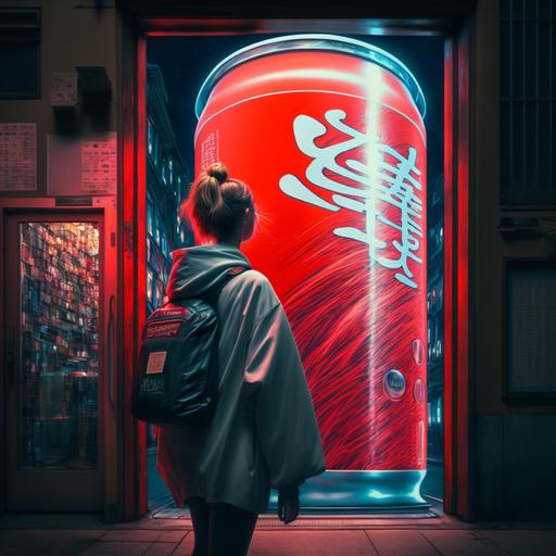 a confident looking artist staring up at huge giant budweiser beer can in the streets of tokyo, glowing door, night life, neon red, cinematic