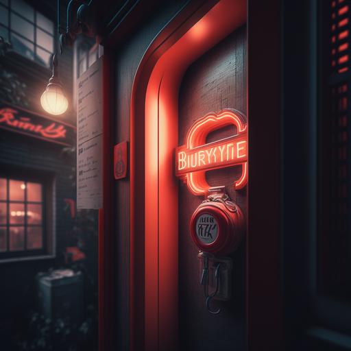 light shining through key hole, neon red, cinematic, tokyo, night time, budweiser sign, spring time, photo, photorealistic, hyper realistic, insanely detailed, colour grading, depth of field, octane render, 8k