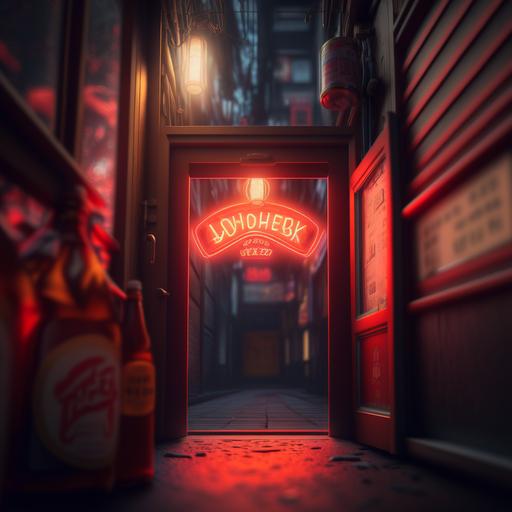 light shining through key hole, neon red, cinematic, tokyo, night time, budweiser sign, spring time, photo, photorealistic, hyper realistic, insanely detailed, colour grading, depth of field, octane render, 8k