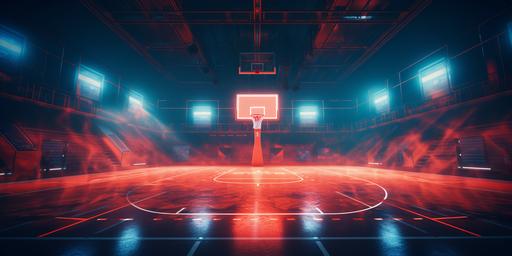 neon gradient basketball court, orange, cyan gradient neon colors, neon texts, orange red fire, basketball, cyberpunk basketball, nike branding, futuristic commercial style --ar 2:1