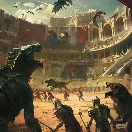 arena, lizard soldiers and wolf soldiers fighting in the distance, digital art