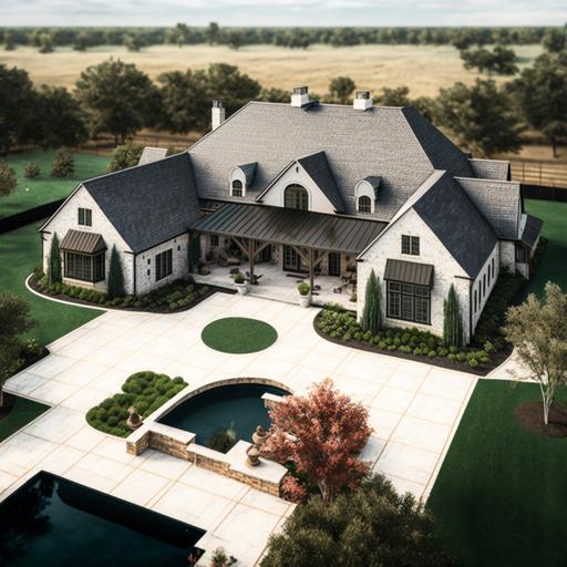 arial view of commercial photograph   one level large white brick farmhouse   ranch style   full black metal roof   black windows   centered cedar arched wood front door   pergola off front door   chimney   large swimming pool in backyard   detailed  3D   commerical photography --v 4