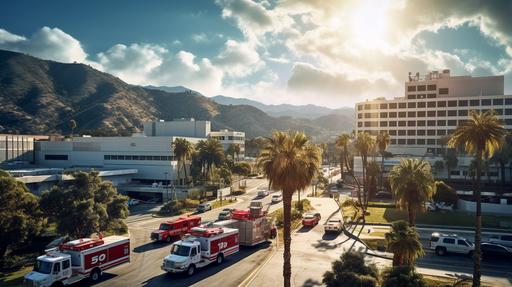arial view of hollywood er hospital with hollywood sign in background and multiple emergency and ambulances --ar 16:9
